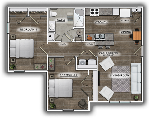 Floor plan for 2 beds, 1 bath, 908 sqft